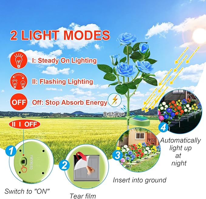 Solar Rose Flower Stake Lights Outdoor - Blue (1 Pack)