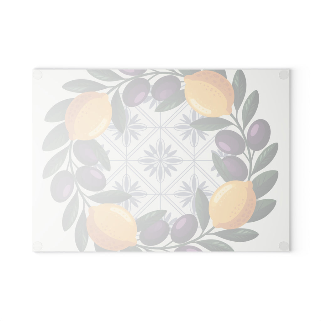 Lemon Olive Wreath Glass Cutting Board | Mediterranean Tile