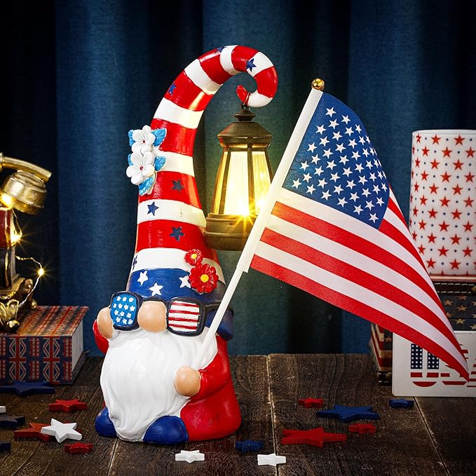 Patriotic 4th of July Solar Gnome Outdoor Figurine Light