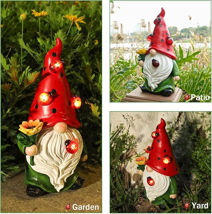 Garden Gnome Statue with Sunflower, Ladybug & Solar Lights
