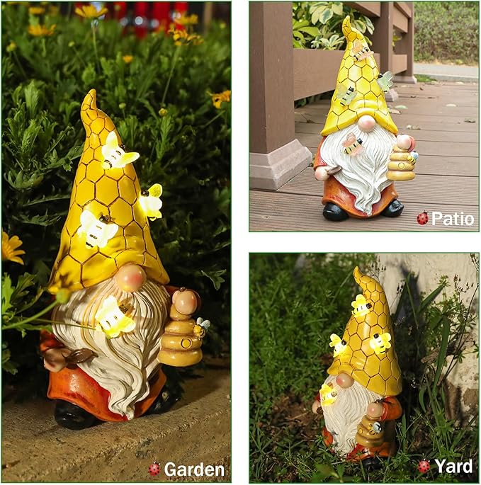 Garden Gnome Statue with Bee Solar Light