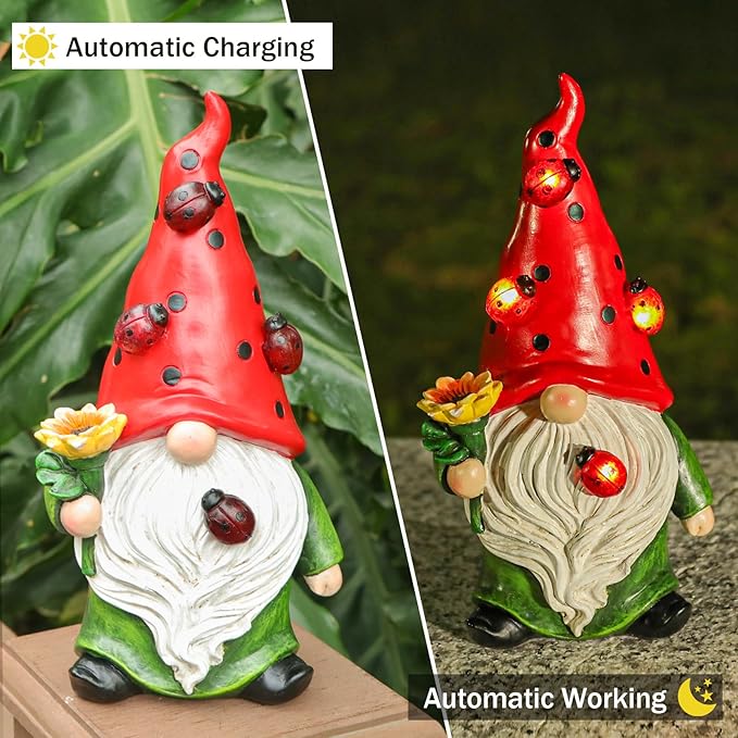 Garden Gnome Statue with Sunflower, Ladybug & Solar Lights