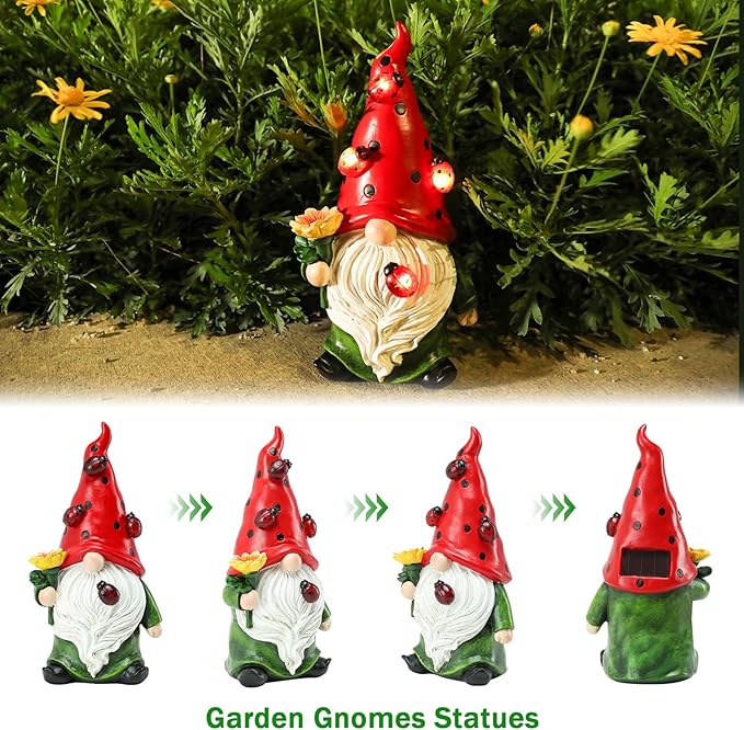 Garden Gnome Statue with Sunflower, Ladybug & Solar Lights