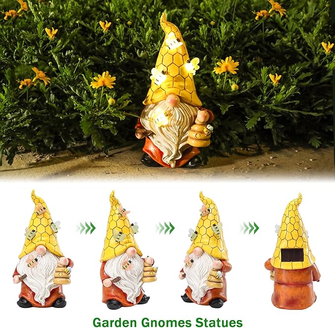 Garden Gnome Statue with Bee Solar Light