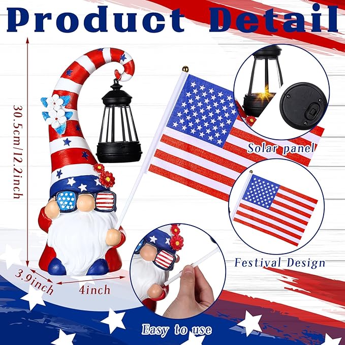 Patriotic 4th of July Solar Gnome Outdoor Figurine Light