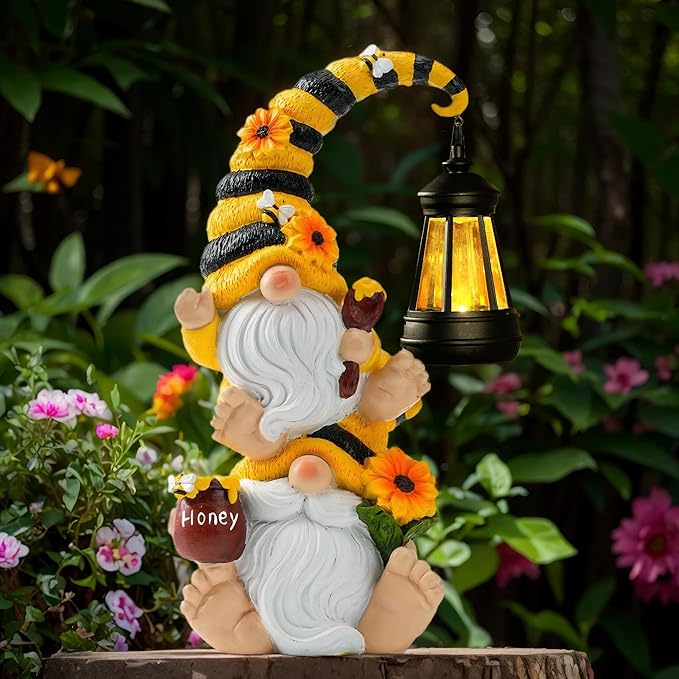 Solar Bee Garden Gnome with LED Lantern | Waterproof Outdoor Decor