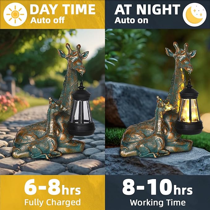 Solar Mother & Baby Giraffe Statue with Lantern 9.7"