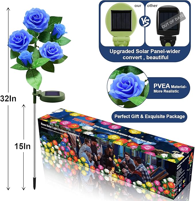 Solar Rose Flower Stake Lights Outdoor - Blue (1 Pack)