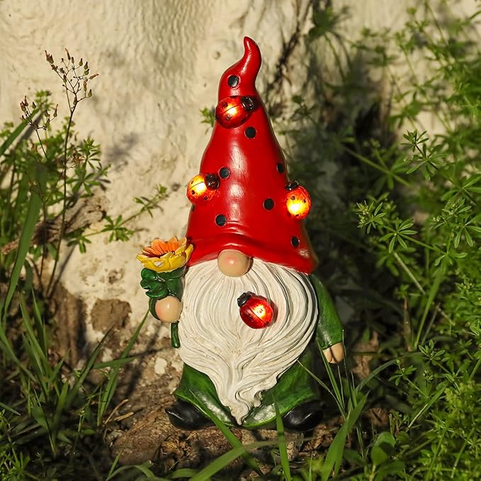 Garden Gnome Statue with Sunflower, Ladybug & Solar Lights