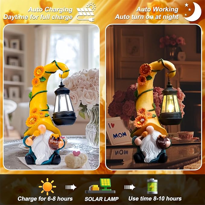 Solar Sunflower Gnome Garden Statue with LED Lantern