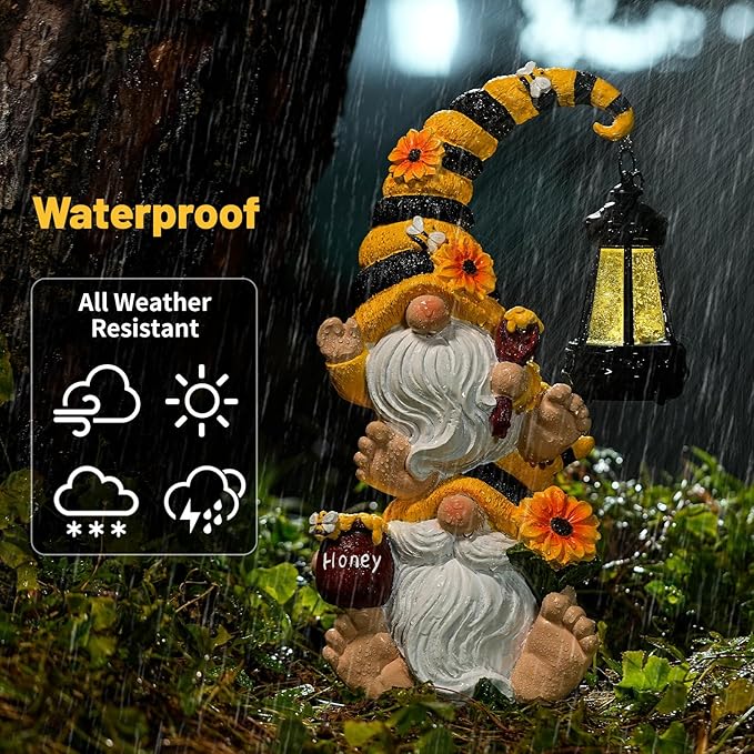 Solar Bee Garden Gnome with LED Lantern | Waterproof Outdoor Decor