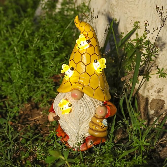 Garden Gnome Statue with Bee Solar Light