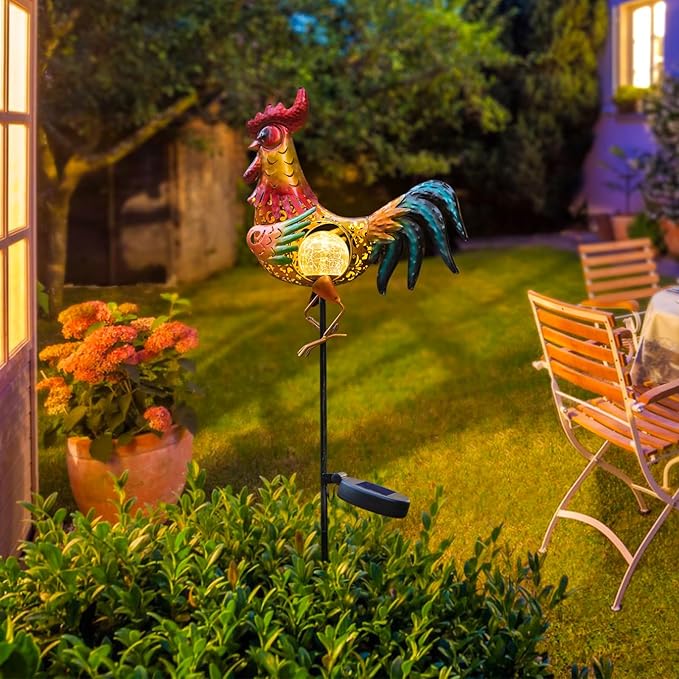 Tryme Rooster Solar Lights Outdoor Decorative Garden Statue Gifts for Chicken Lovers Women Mother Metal Yard Art for Lawn