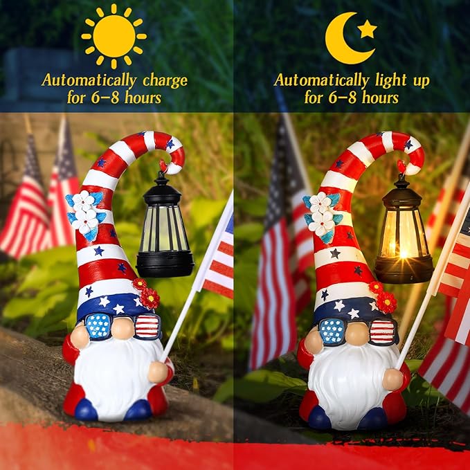 Patriotic 4th of July Solar Gnome Outdoor Figurine Light