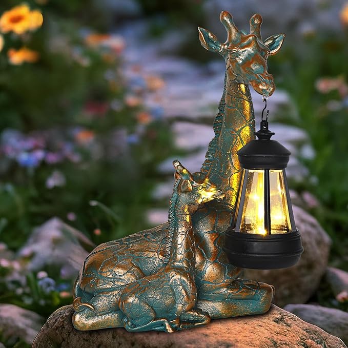 Solar Mother & Baby Giraffe Statue with Lantern 9.7"