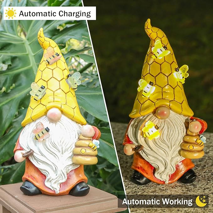 Garden Gnome Statue with Bee Solar Light