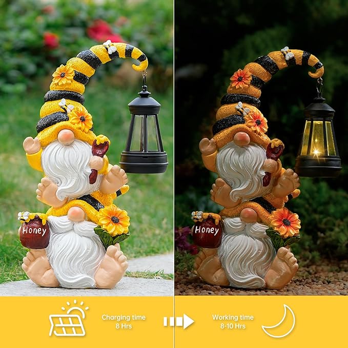Solar Bee Garden Gnome with LED Lantern | Waterproof Outdoor Decor