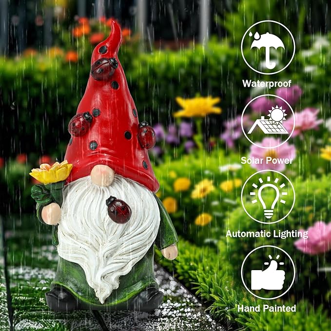 Garden Gnome Statue with Sunflower, Ladybug & Solar Lights