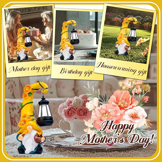 Solar Sunflower Gnome Garden Statue with LED Lantern