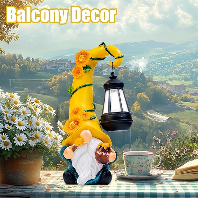 Solar Sunflower Gnome Garden Statue with LED Lantern