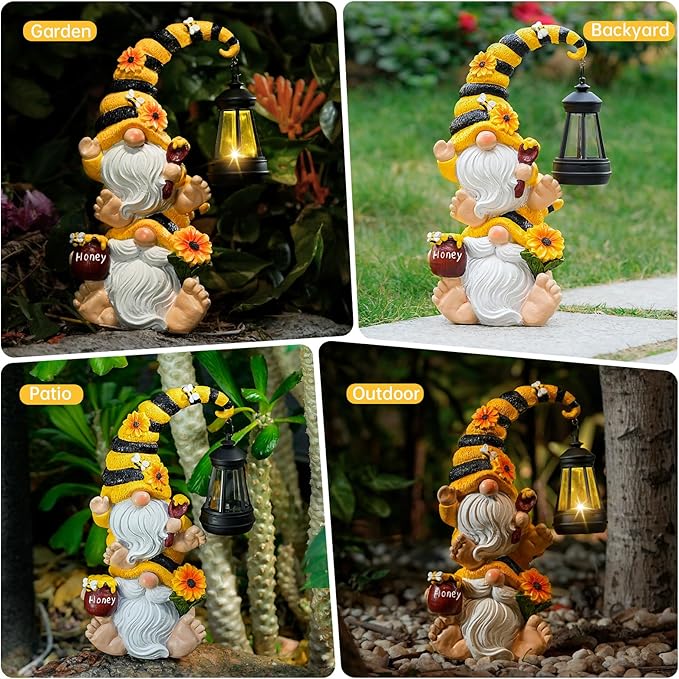 Solar Bee Garden Gnome with LED Lantern | Waterproof Outdoor Decor