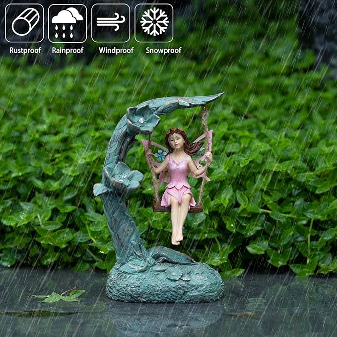 Garden Flower Fairy Swing Statue 9" | Outdoor Lawn Ornament