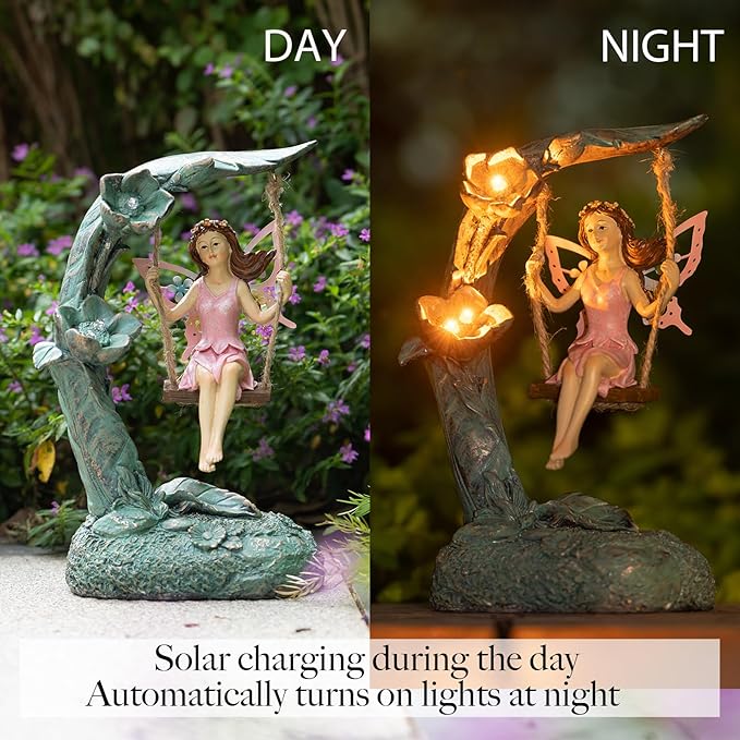 Garden Flower Fairy Swing Statue 9" | Outdoor Lawn Ornament