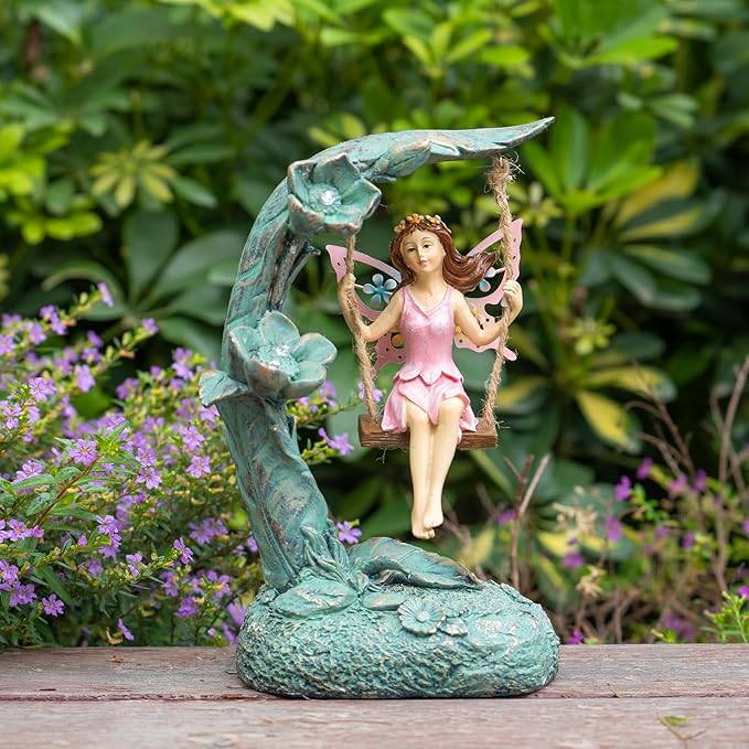 Garden Flower Fairy Swing Statue 9" | Outdoor Lawn Ornament