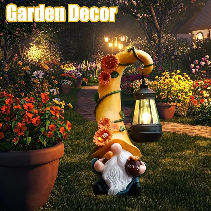 Solar Sunflower Gnome Garden Statue with LED Lantern