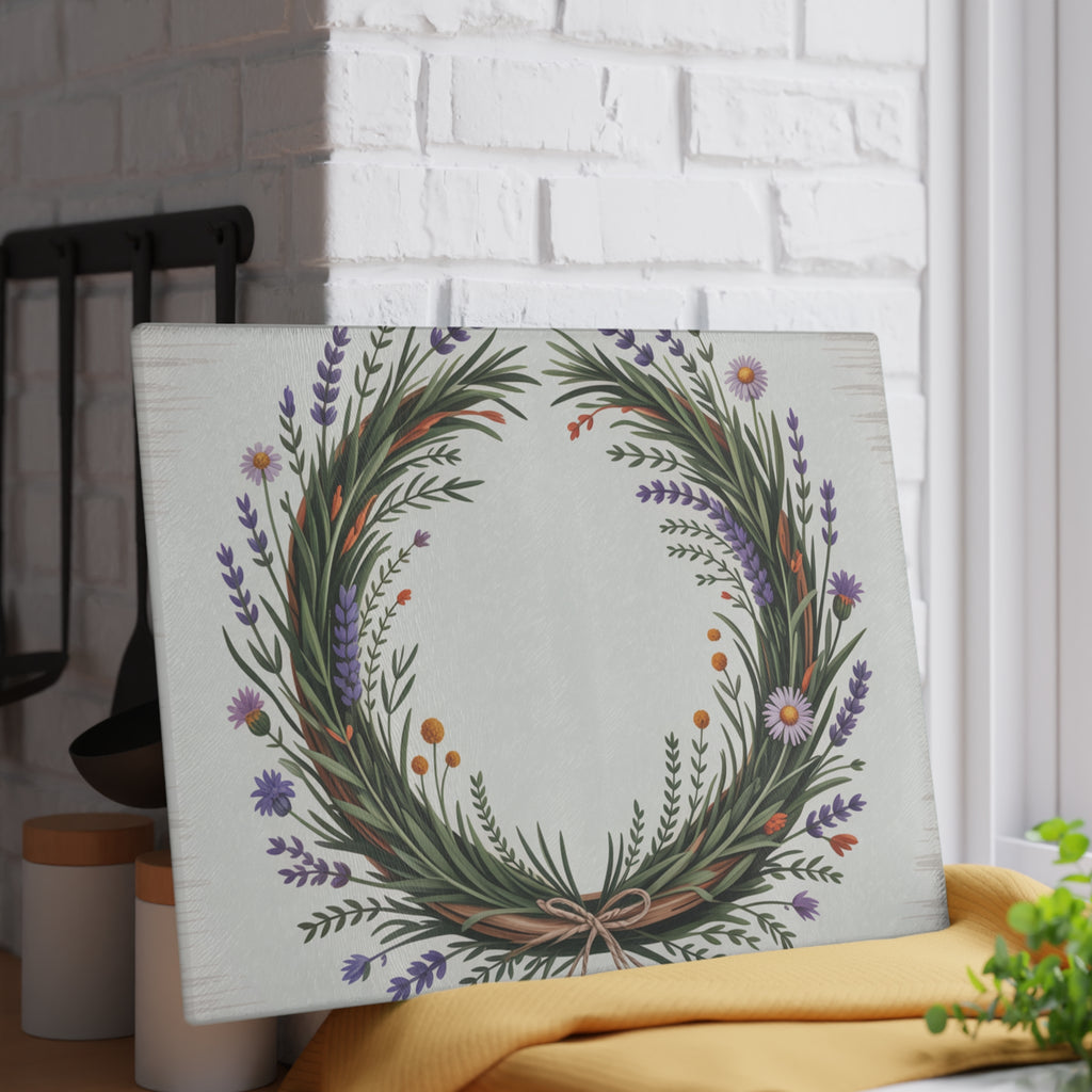 Lavender Wildflower Wreath Glass Cutting Board | Botanical Kitchen Decor