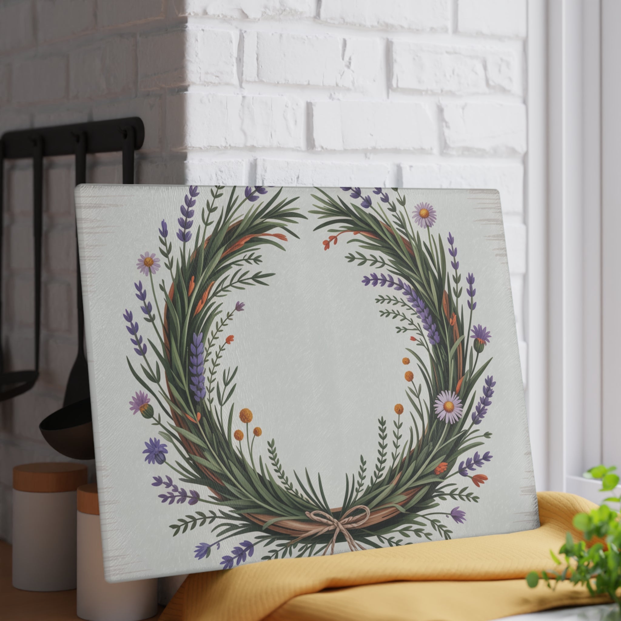 Lavender Wildflower Wreath Glass Cutting Board | Botanical Kitchen Decor