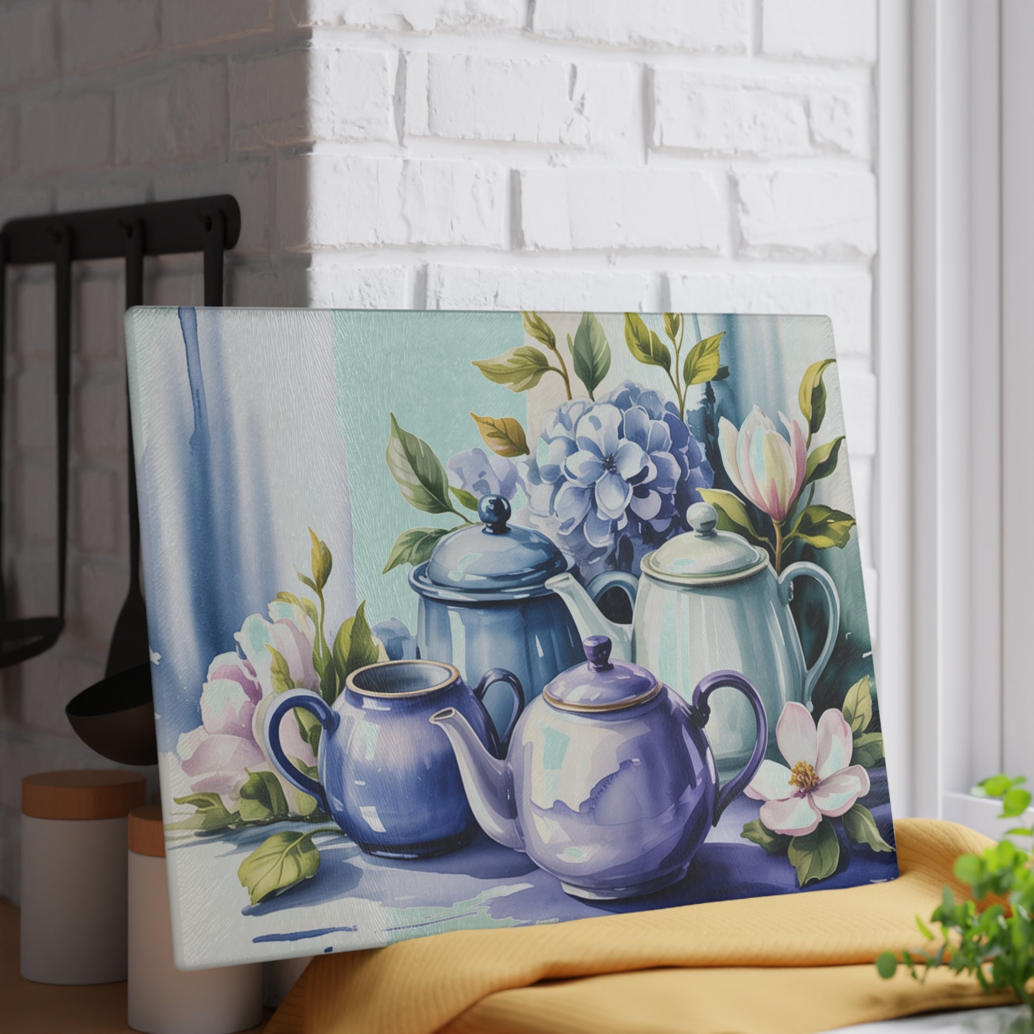 Vintage Teapot Floral Glass Cutting Board | Blue Hydrangea Magnolia