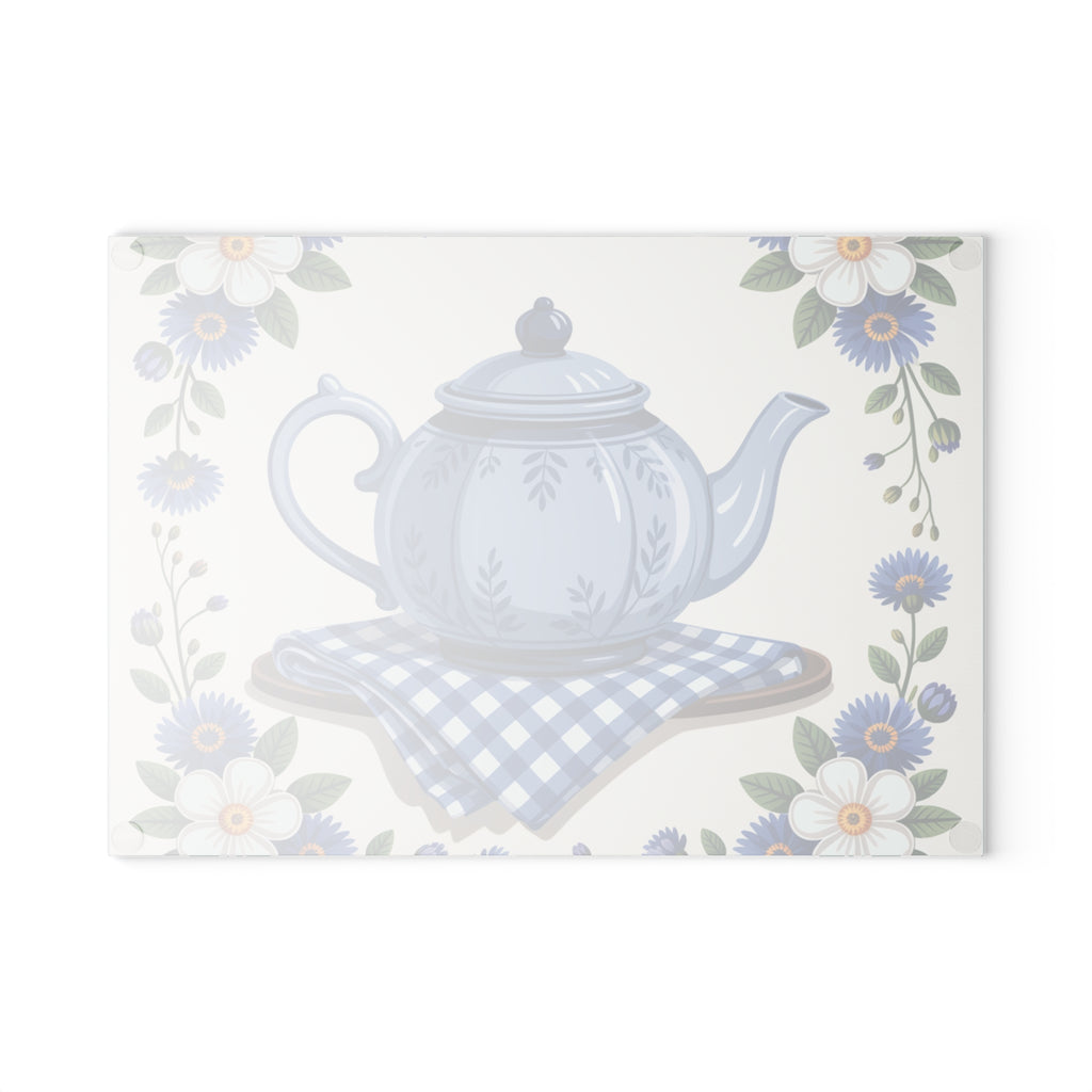 Blue Teapot Floral Pattern Glass Cutting Board | Kitchen Décor