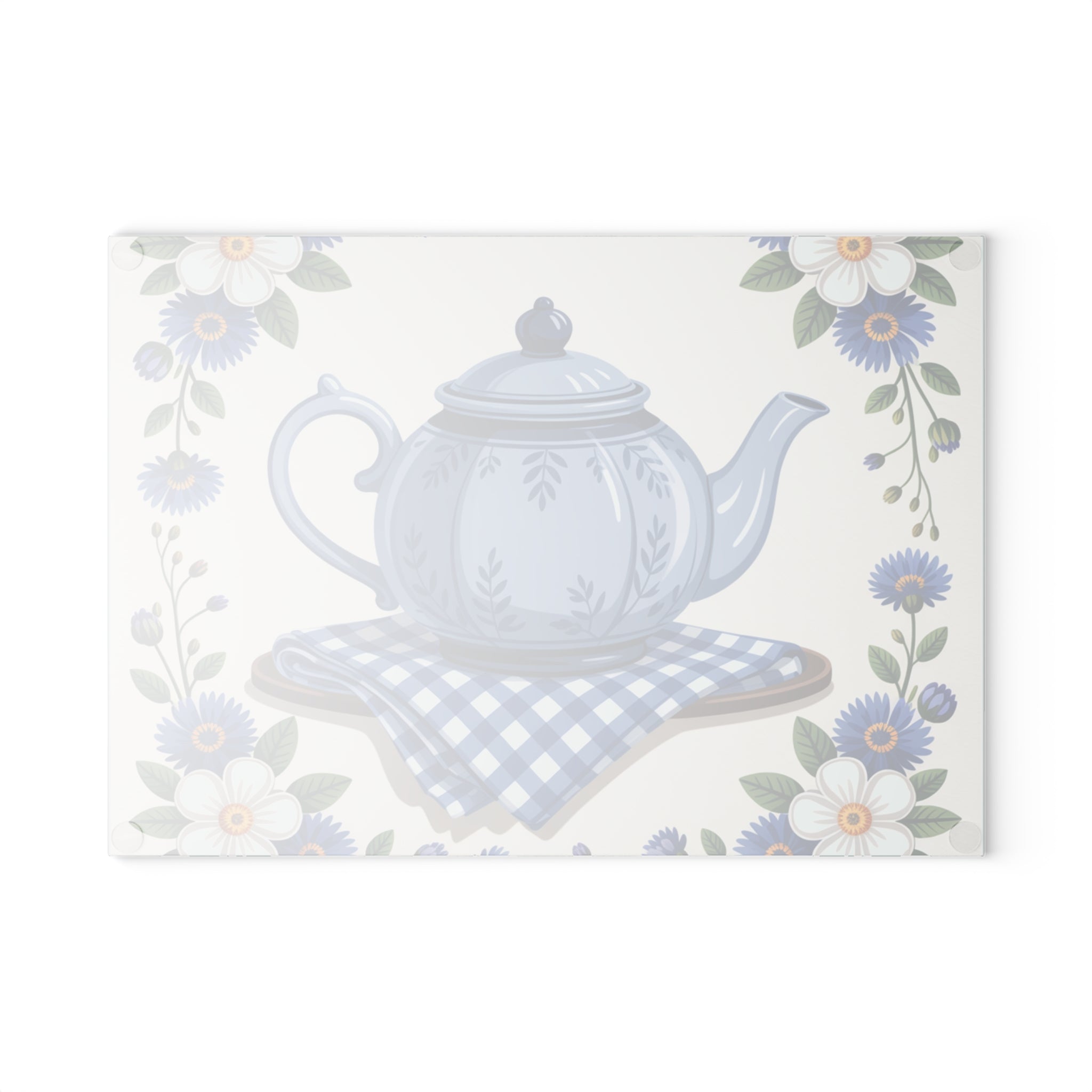 Blue Teapot Floral Pattern Glass Cutting Board | Kitchen Décor