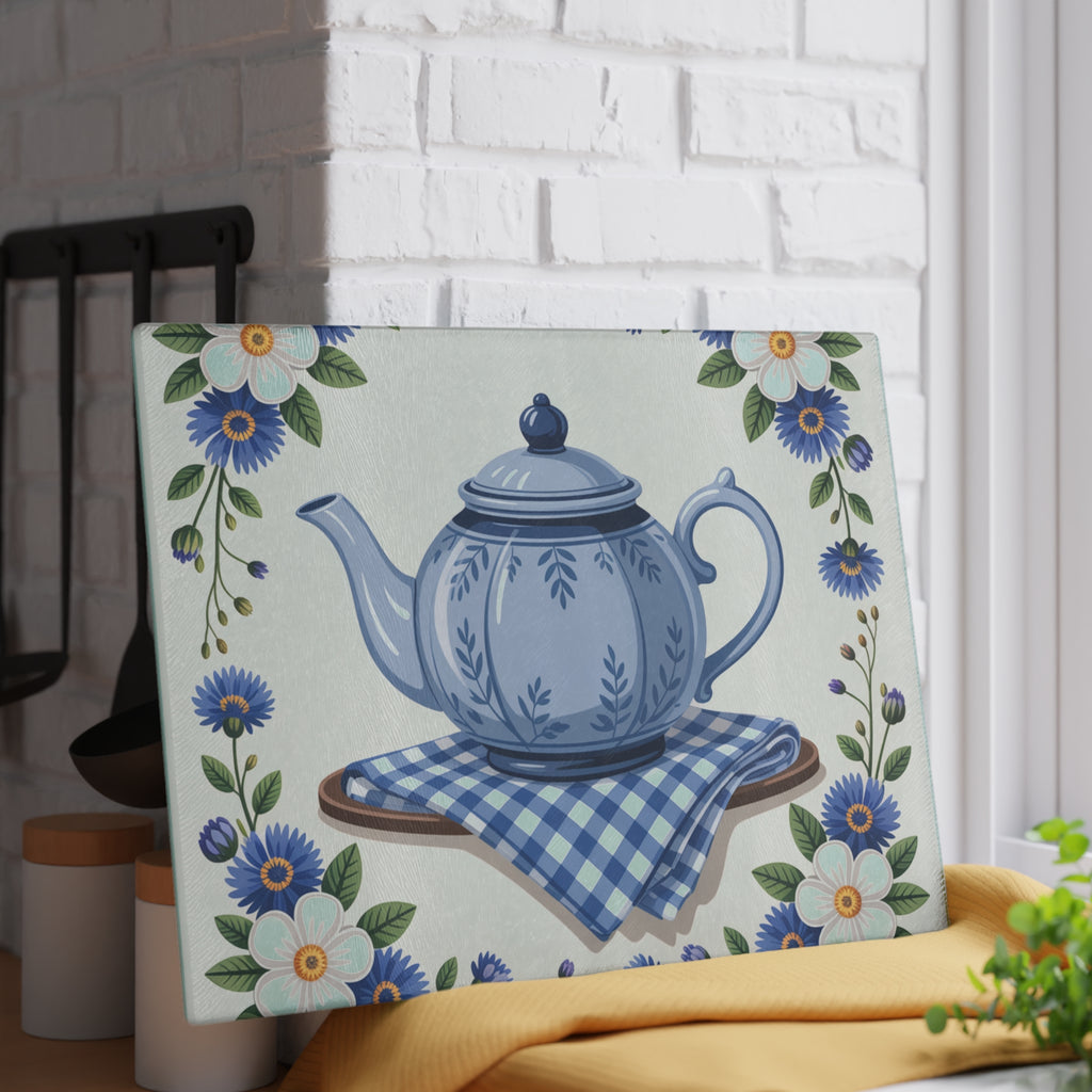 Blue Teapot Floral Pattern Glass Cutting Board | Kitchen Décor