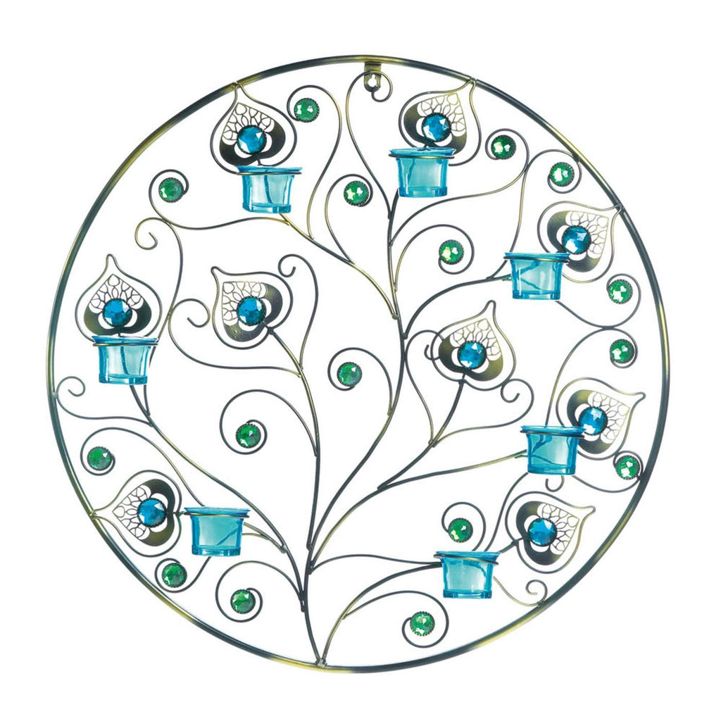 Peacock Plumes Circular Wall Sconce – Metal & Glass Candle Holder