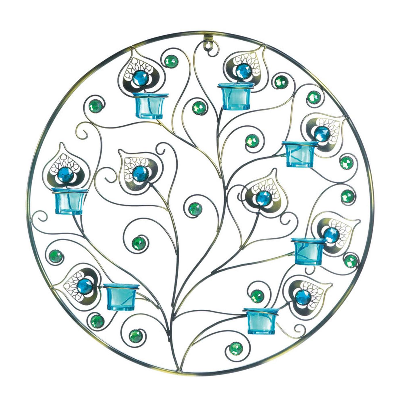 Peacock Plumes Circular Wall Sconce – Metal & Glass Candle Holder