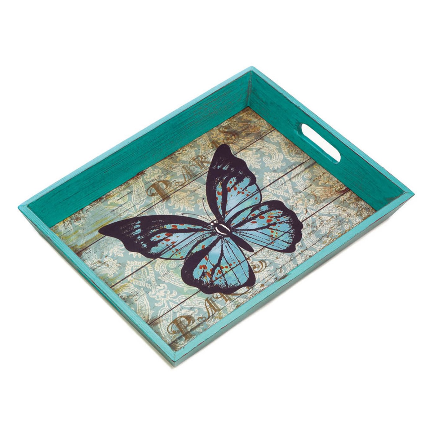 Blue Butterfly Wooden Serving Tray – Weathered Farmhouse Style