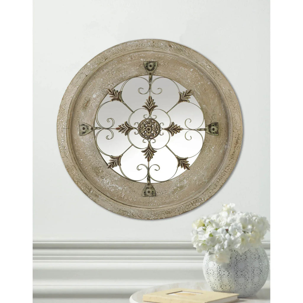 Round Farmhouse Wall Mirror – Whitewash Wood & Iron