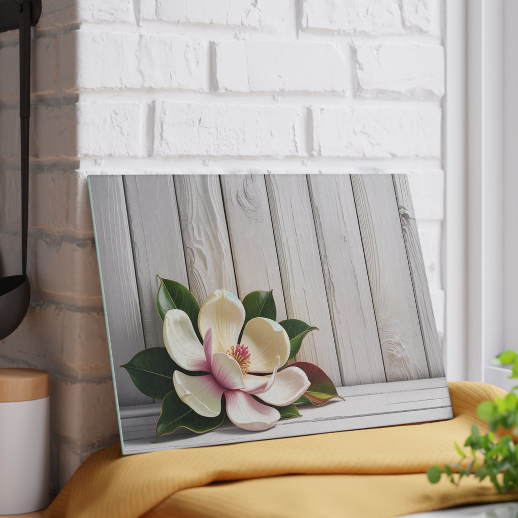 Magnolia Floral Glass Cutting Board | White Wood Plank Background
