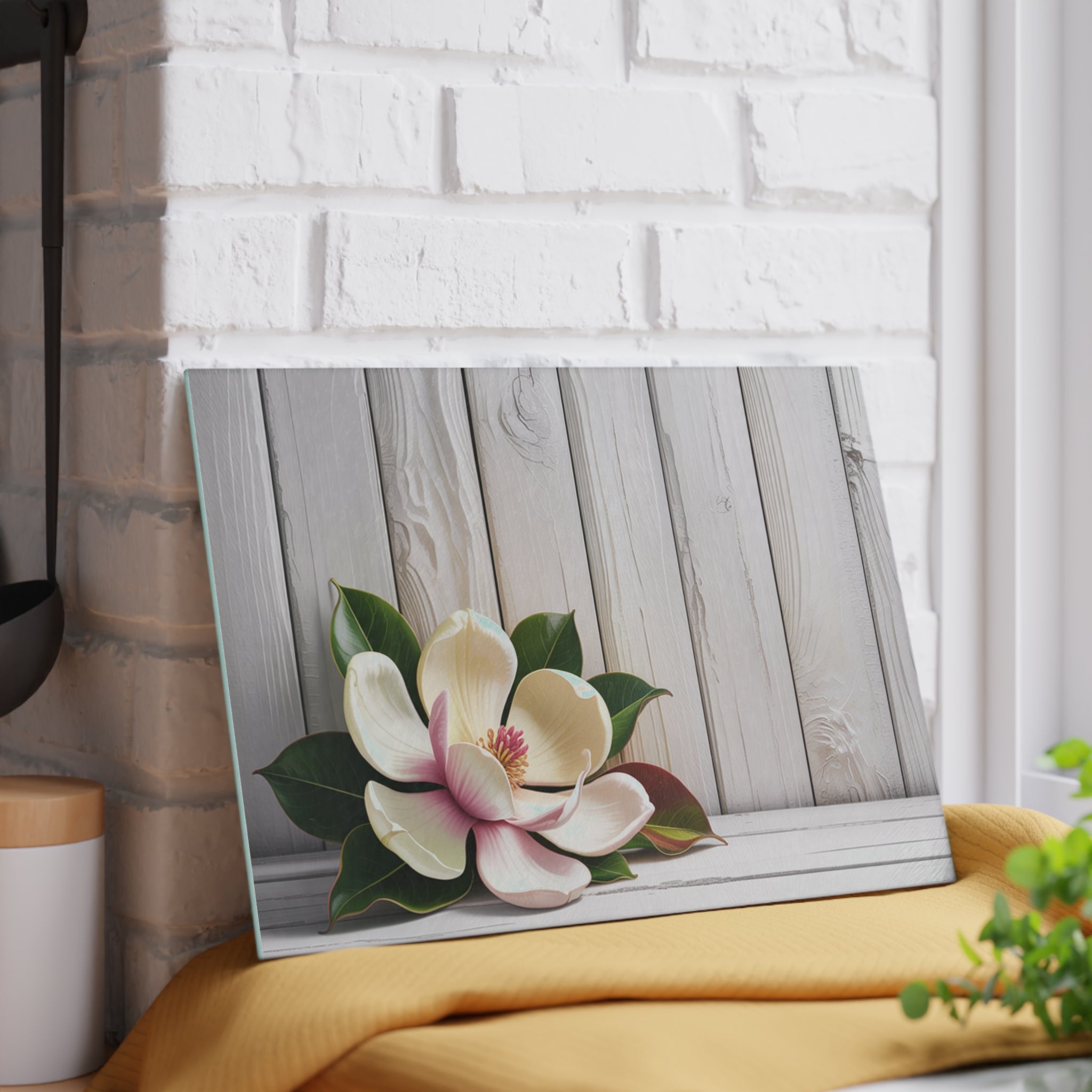 Magnolia Floral Glass Cutting Board | White Wood Plank Background
