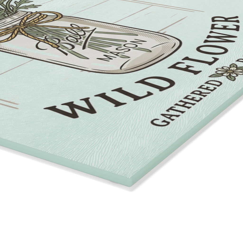 Wild Flower Mason Jar Bouquet Rustic Glass Cutting Board | Floral Kitchen Decor
