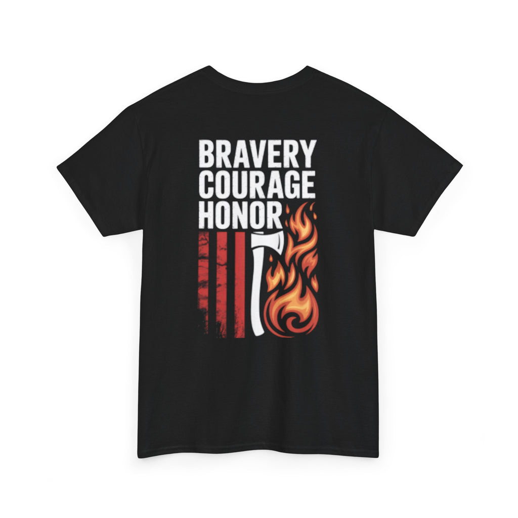 Firefighter Maltese Cross T-Shirt — American Flag Flames Back Graphic