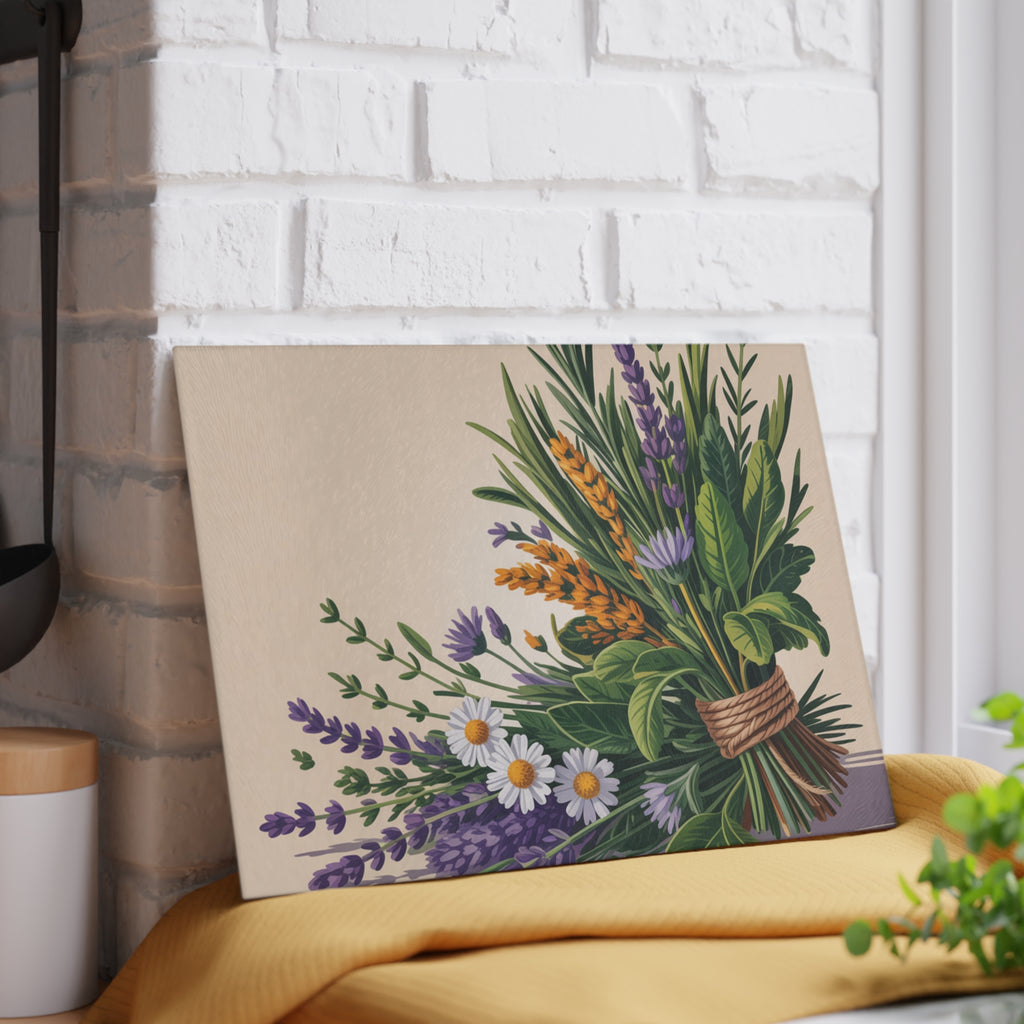 Lavender and Wildflower Bouquet Glass Cutting Board | Floral Kitchen Decor
