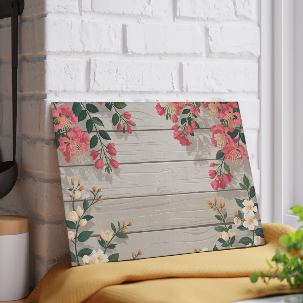 Pink Floral Wood Plank Glass Cutting Board | Floral Kitchen Decor