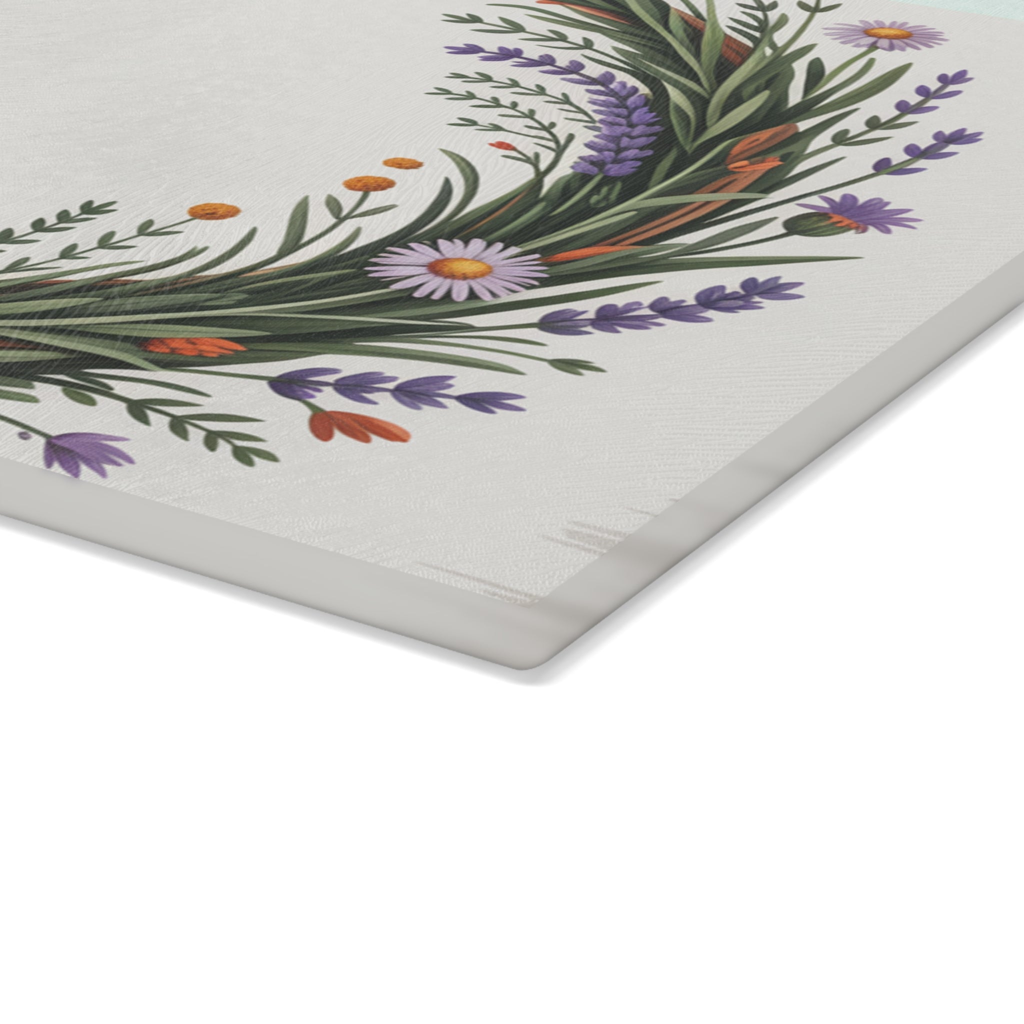 Lavender Wildflower Wreath Glass Cutting Board | Botanical Kitchen Decor