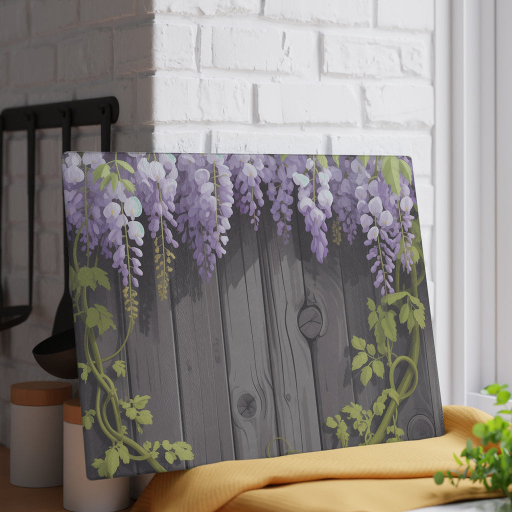 Wisteria Vines Glass Cutting Board | Purple Floral Wood Plank