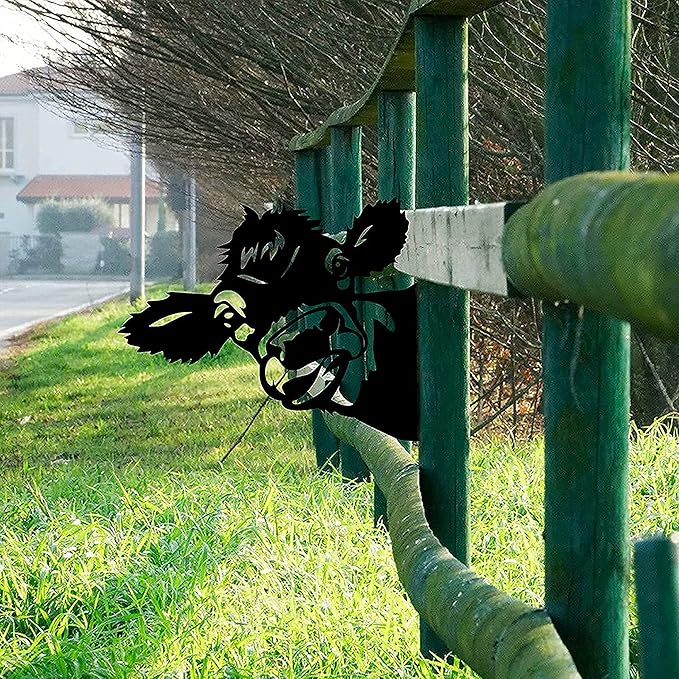 Peeping Cow Metal Garden Fence Decor