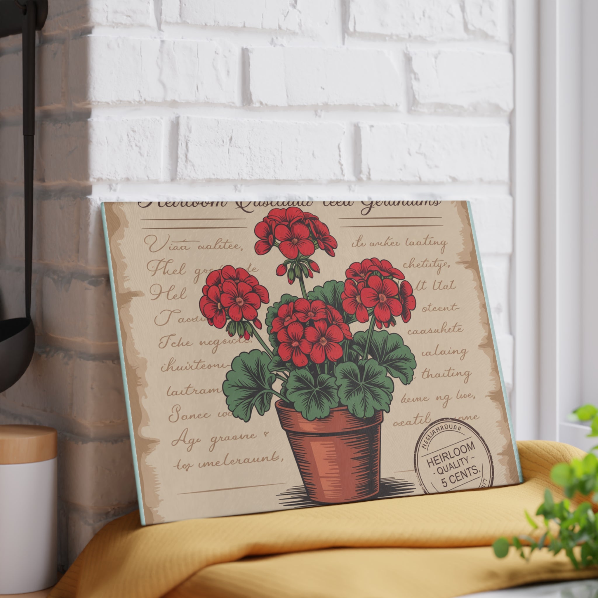 Red Geranium Potted Plant Glass Cutting Board | Vintage Botanical