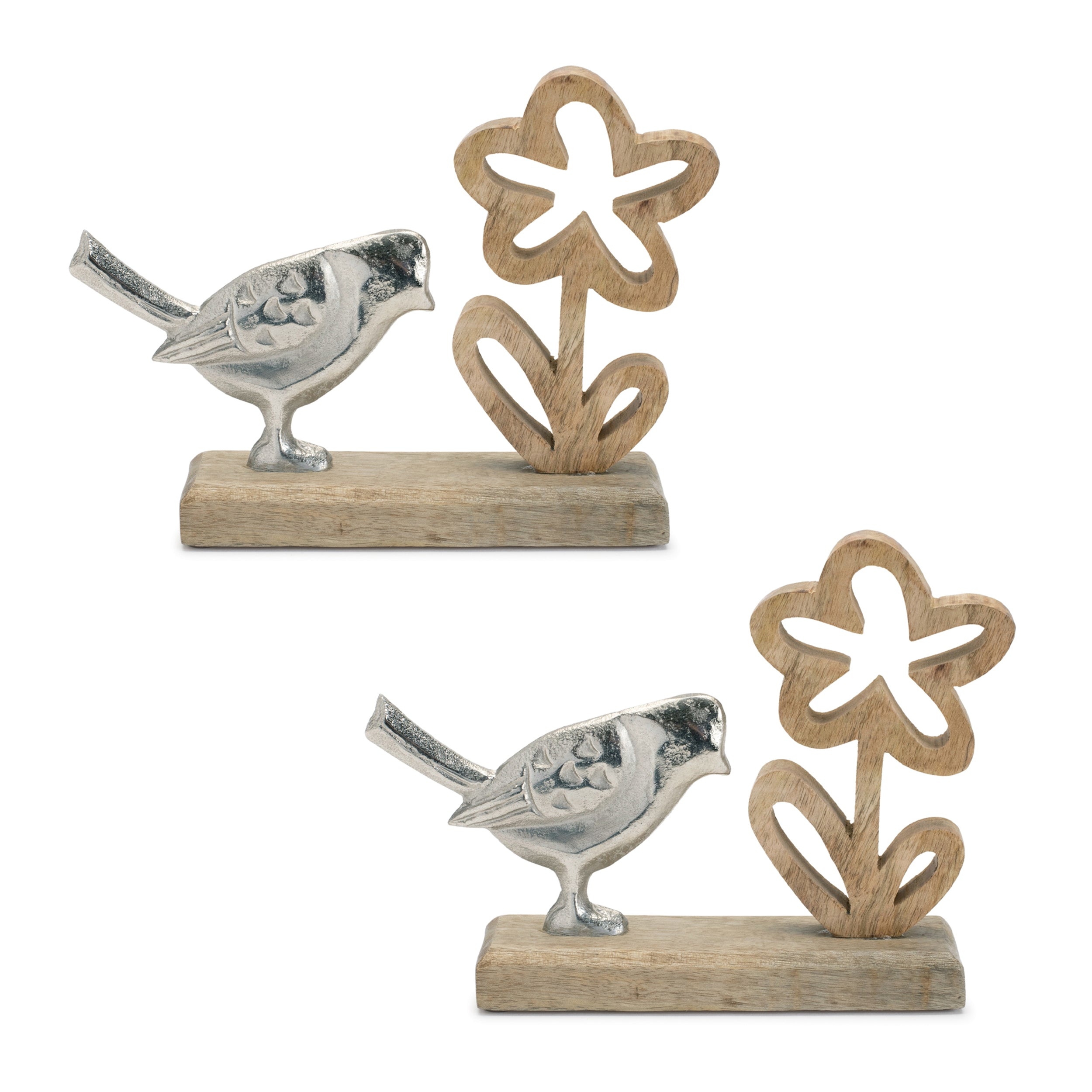 Set of 2 Rustic Metal Bird and Flowers on Wooden Stand